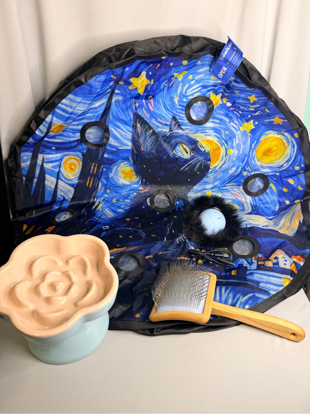 Cat enrichment bundle, includes interactive play mat, ceramic dish and brush